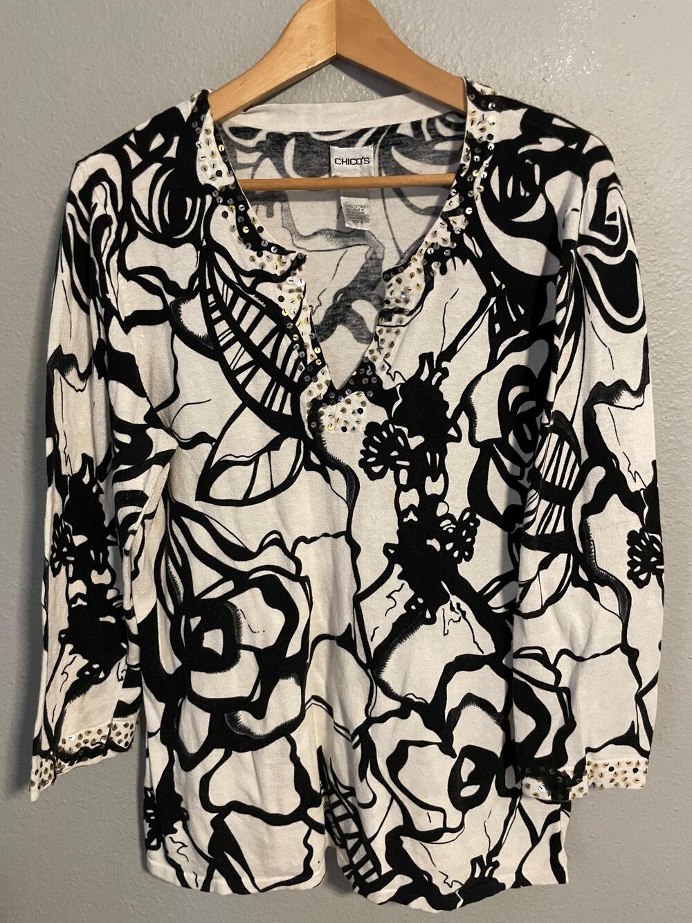 Chicos Womens Tops Size 3 US XL Black White Floral Sequin Embellished Artsy